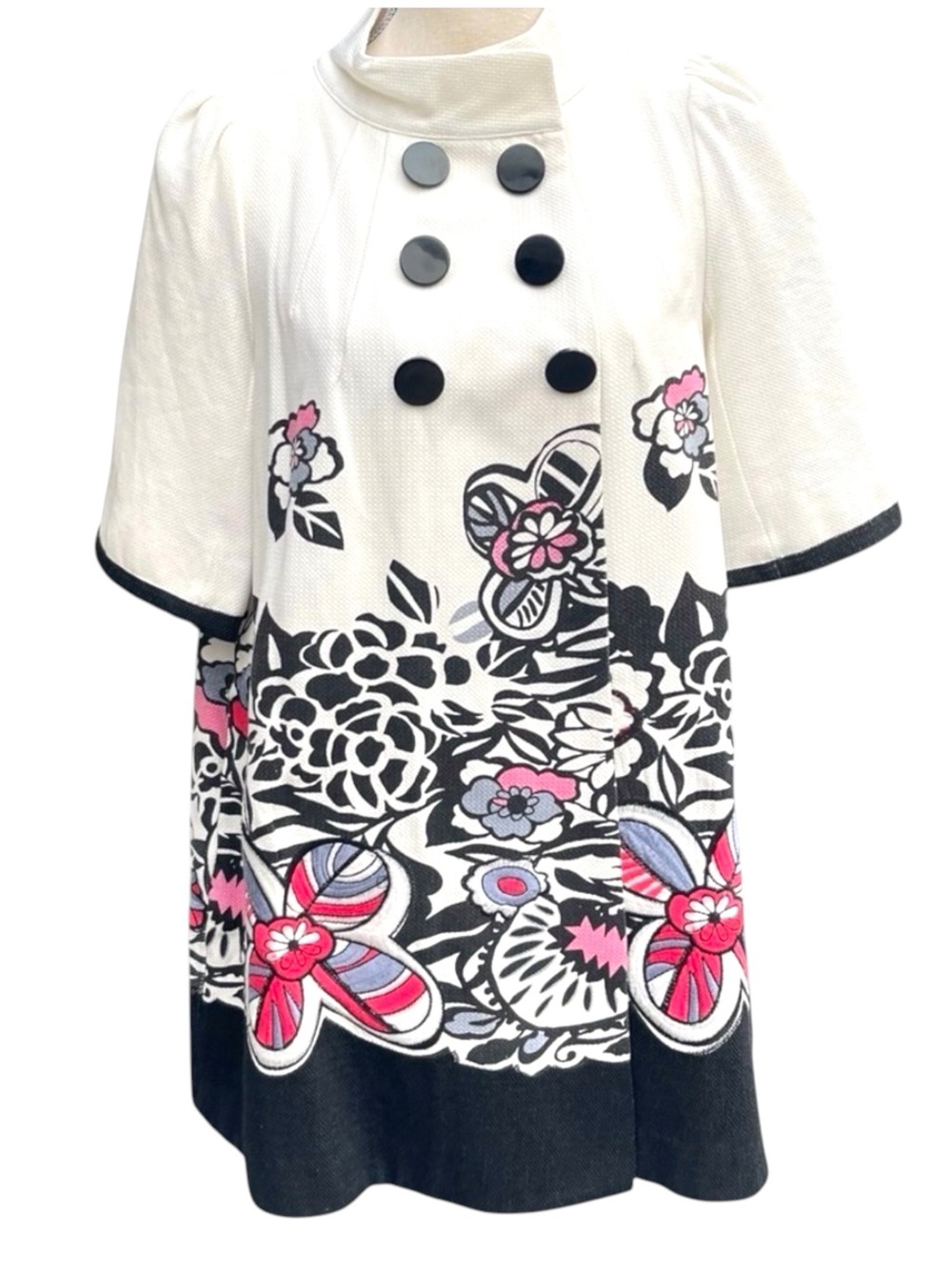 Anna Sui White/Black/Pink Embroidered Floral Short Sleeve Swing Coat (6)